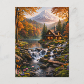 Mountain Cabin in Autumn Glow Serene Nature  Postkarte