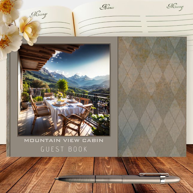 Mountain Cabin Rental Foto Gästebuch (Guest book featuring your photo framed by a retro argyle design. Great for a mountain cabin rental)