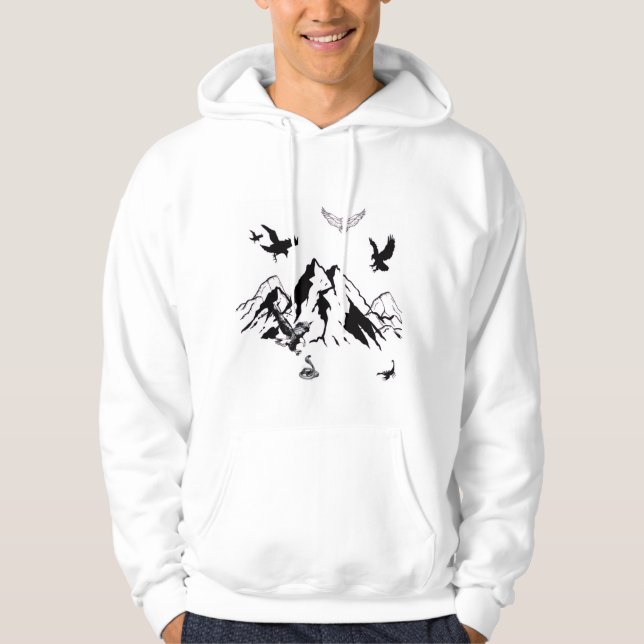 Mountain & eagle design on a clean white hoodie (Vorderseite)