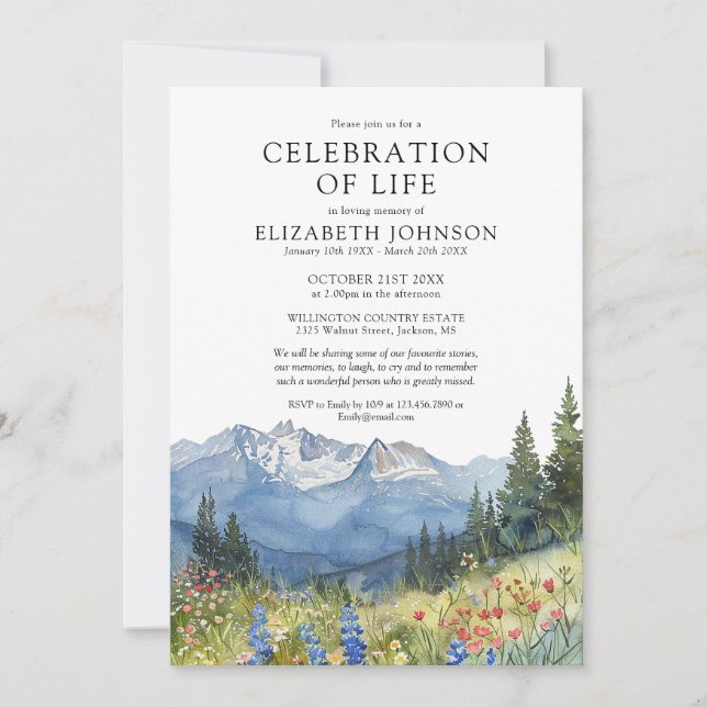 Mountain Floral Celebration Of Life Photo Funeral Einladung (Vorderseite)
