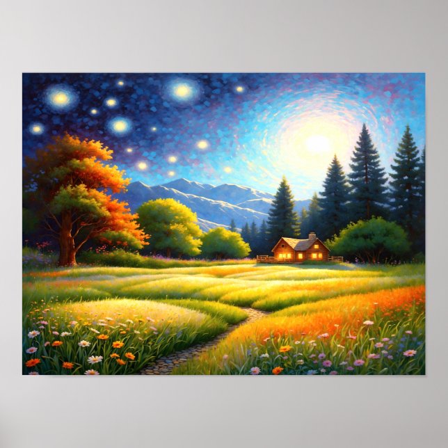 Mountain Forest Cabin Art Poster (Vorne)