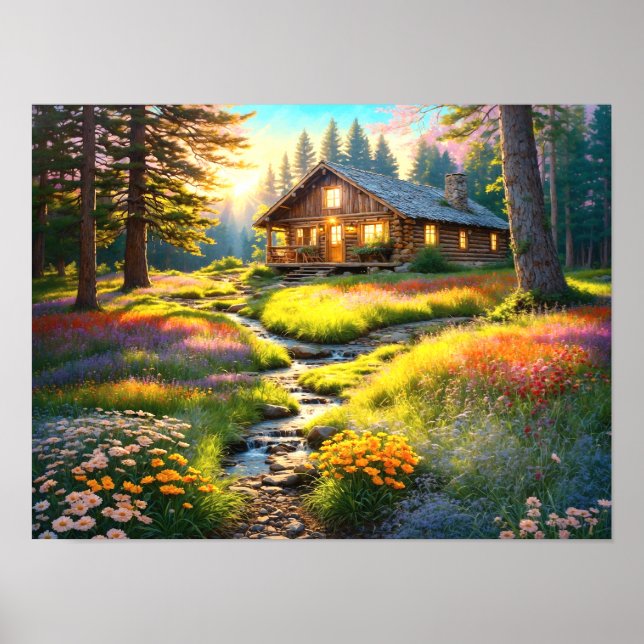 Mountain Forest Cabin Art Poster (Vorne)