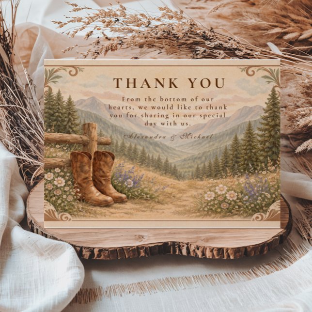 Mountain Forest Cowboy Boots Wedding Dankeskarte (Von Creator hochgeladen)