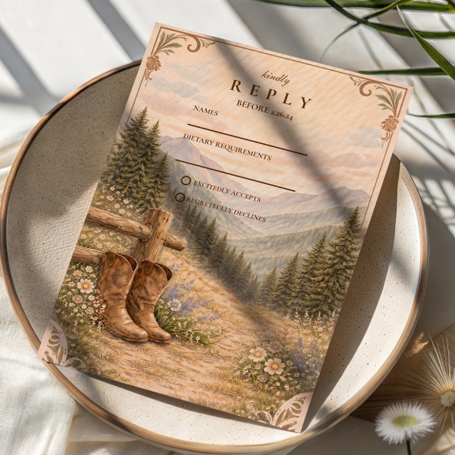 Mountain Forest Cowboy Boots Wedding RSVP Karte (Von Creator hochgeladen)