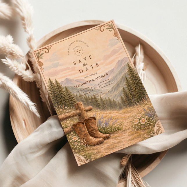Mountain Forest Cowboy Boots Wedding Save The Date (Von Creator hochgeladen)