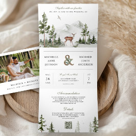 Mountain Forest Deer QR Code Photo Collage Wedding Dreifach Gefaltete Einladung