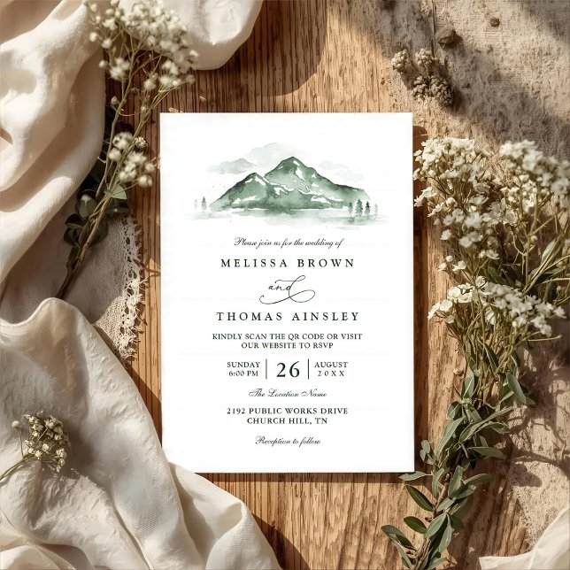 Mountain Forest Trees Pine Rustic QR Code Wedding Einladung (Von Creator hochgeladen)