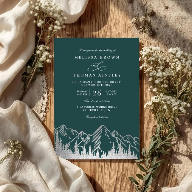 Mountain Forest Trees Pine Rustic QR Code Wedding Einladung (Von Creator hochgeladen)