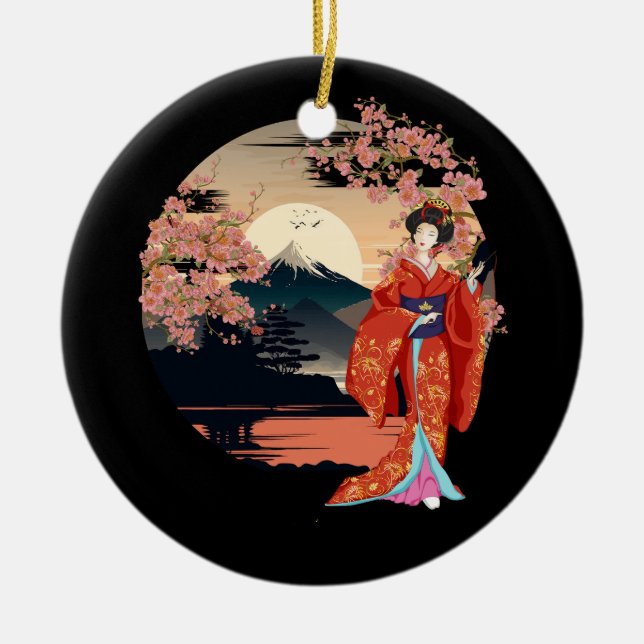 Mountain Fuji Cherry Blüten Geisha Japanischer Gar Keramik Ornament (Vorne)
