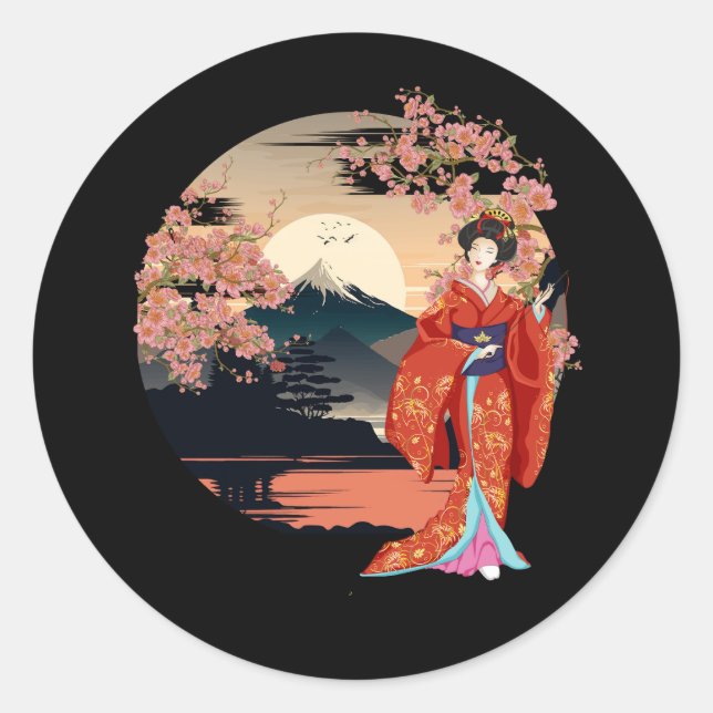 Mountain Fuji Cherry Blüten Geisha Japanischer Gar Runder Aufkleber (Vorderseite)