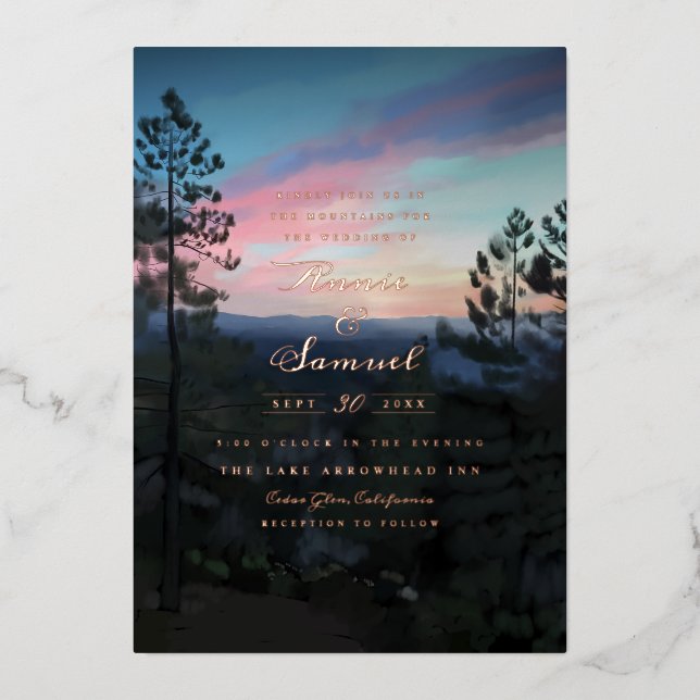 Mountain Getaway Wedding Folieneinladung (Vorderseite)