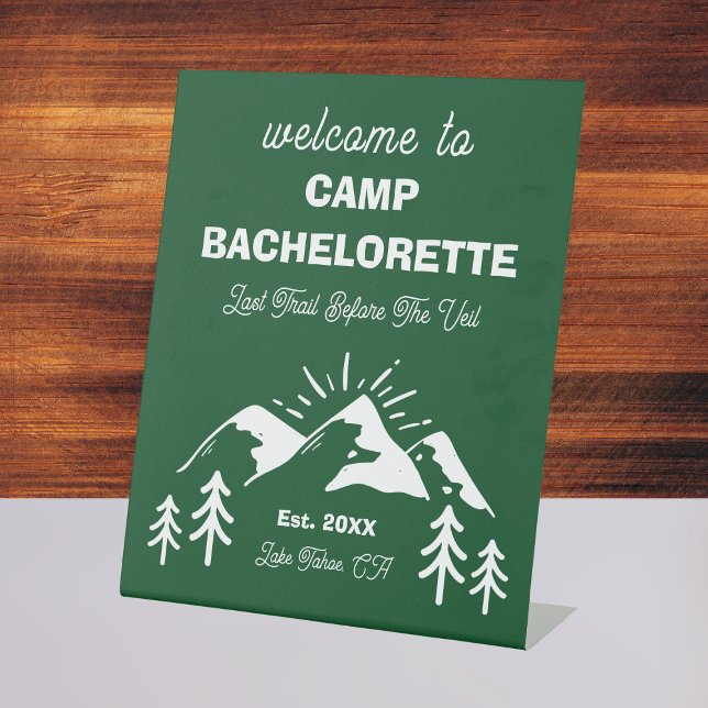 Mountain Green White Camp Bachelorette Willkommen Sockelschild (Mountains Green White Camp Bachelorette Welcome Pedestal Sign
)