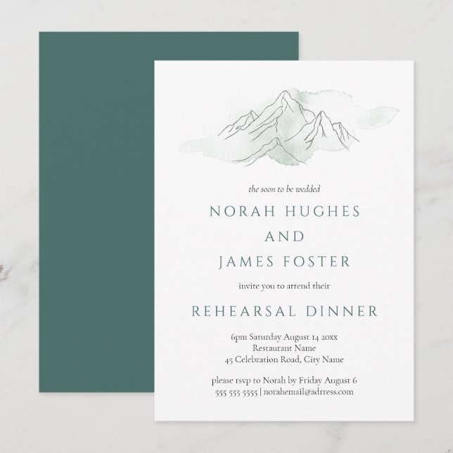 Mountain Green & White Wedding Probe Dinner Einladung (Vorne/Hinten)