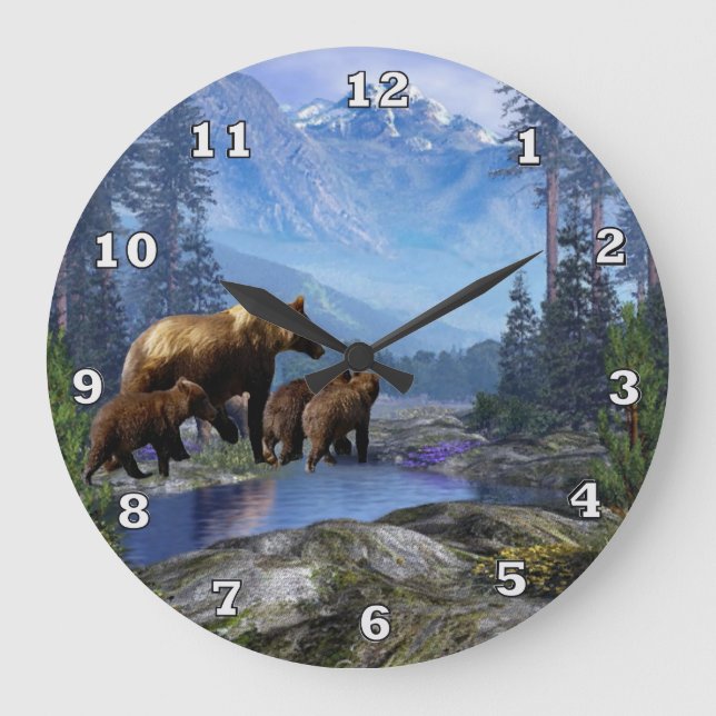 Mountain Grizzlies Animal Wall Clock Große Wanduhr (Vorderseite)