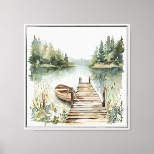 Mountain Lake Boat Wasserfarbe Kunst Leinwanddruck