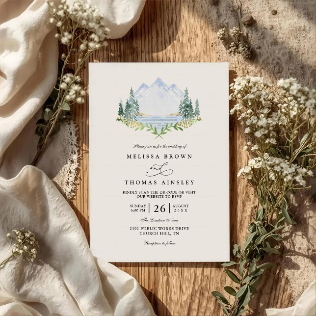 Mountain Lake Forest Tree Rustic QR Code Wedding Einladung (Von Creator hochgeladen)