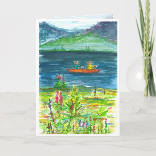 Mountain Lake Kayak Wasserfarbe Glücklich Geburtst Karte (Vorderseite)