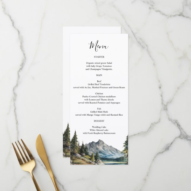 Mountain Lake Menu Karte personalisierte Namen auf (Vorderseite/Rückseite Beispiel)