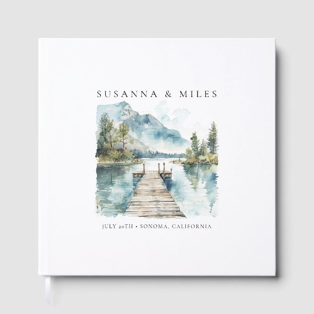 Mountain Lake Watercolor Forest Wedding Trees Gästebuch (Vorderseite)