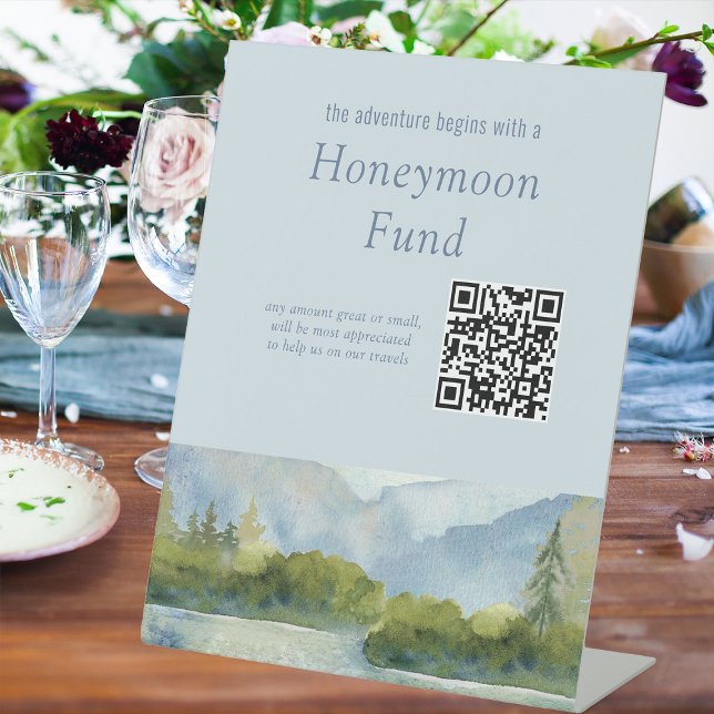 Mountain Lake Watercolor Hochzeitsfonds Sockelschild (Honeymoon Fund sign from the Mountain Lake wedding collection by Darling & May)