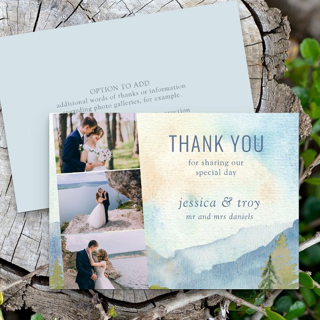 Mountain Lake Wedding Foto Strip Danke Karte (Mountain wedding 3 photo thank you card with watercolor scenic background)