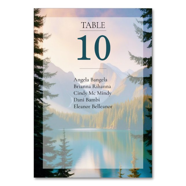 Mountain Lake Wedding Guest List Card Tischnummer (Vorderseite)