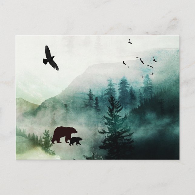 Mountain Landscape Bears Birds Forest Postkarte (Vorderseite)