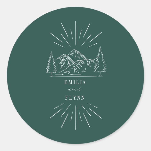Mountain Line Art Emerald Wedding Classic Round S Runder Aufkleber (Vorderseite)