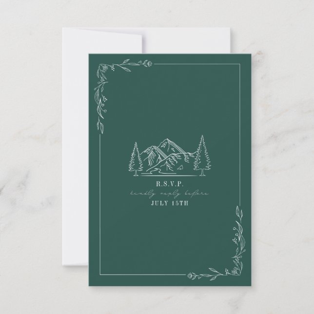 Mountain Line Art Emerald Wedding RSVP Card Karte (Vorderseite)