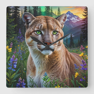 Mountain Lion Floral Quadratische Wanduhr