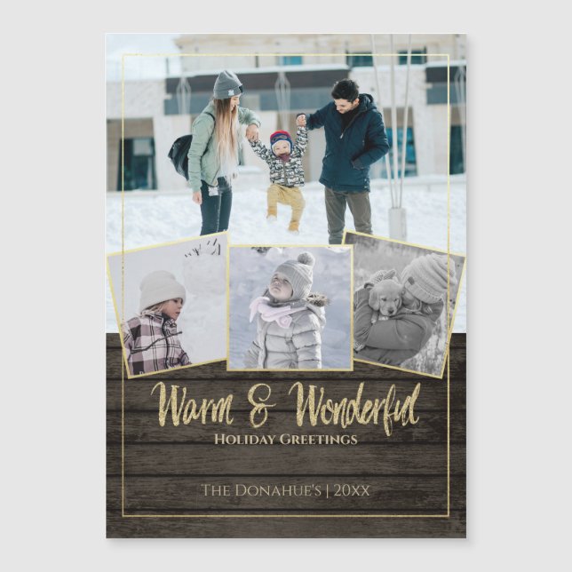 Mountain Lodge Rustikales Holz und Gold Quad Foto Magnetkarte (Vorderseite)
