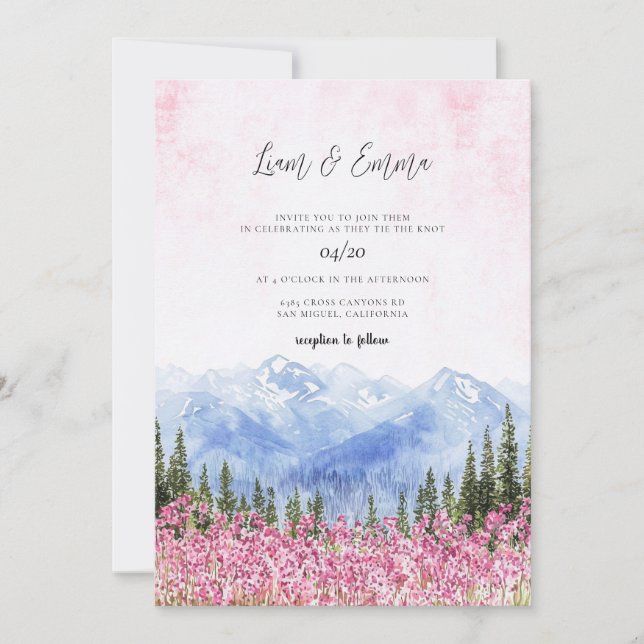 Mountain Meadow Watercolor Wedding Invitation Einladung (Vorderseite)