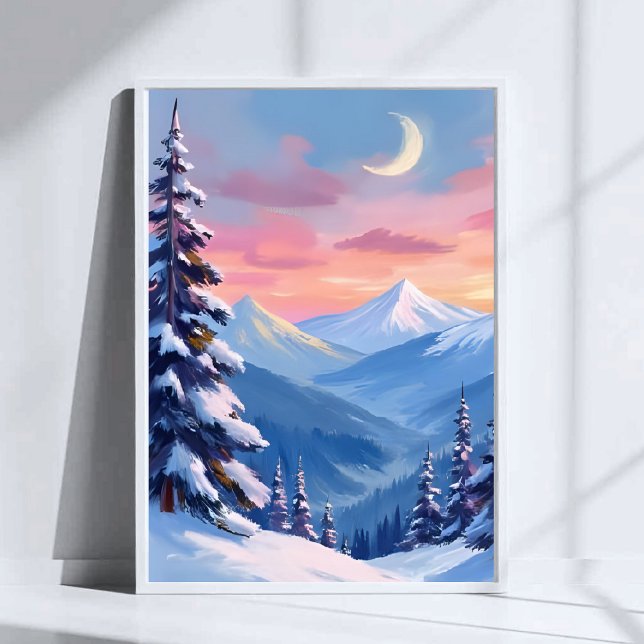Mountain Moon Winter Watercolor Painting Poster (Von Creator hochgeladen)