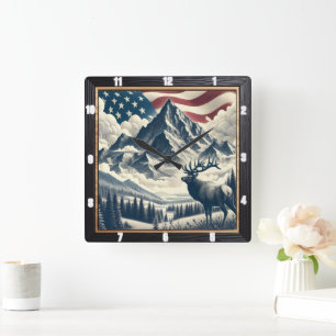 Mountain Moose Patriotic Rustic Quadratische Wanduhr