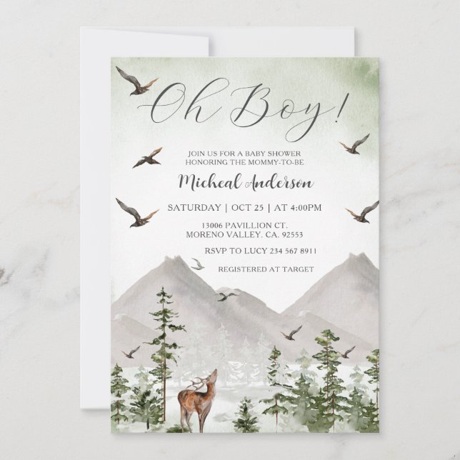 Mountain Pine Tree Forest Deer Boy Baby Shower Einladung (Vorderseite)