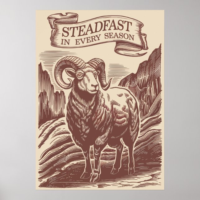 Mountain Ram Steadfast Nature Holzschnitt Design Poster (Vorne)
