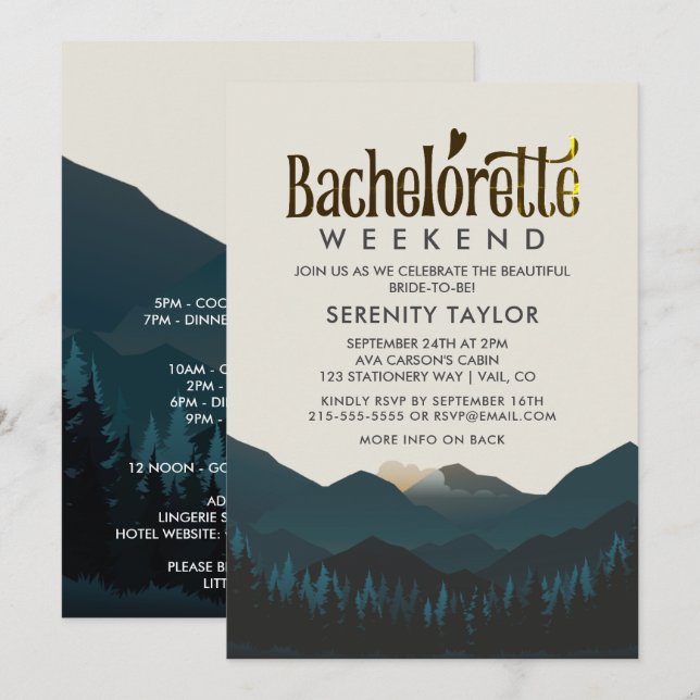 Mountain Retreat Bachelorette Wochenende Einladung (Vorne/Hinten)
