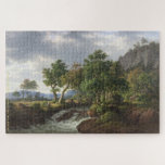 Mountain River Landscape Travel Nature Painting<br><div class="desc">Custom, personalized, family kids travel nature art lovers 1000 pies jigsaw puzzle, featuring an enchanting beautiful scenic intricate detailed cape vintage painting, oil on canvas, by F.C. Kiæ rskou, featuring a mountain river gushough a rocky cape with a heavy wind swaying the trees, and your note / greetings in an...</div>