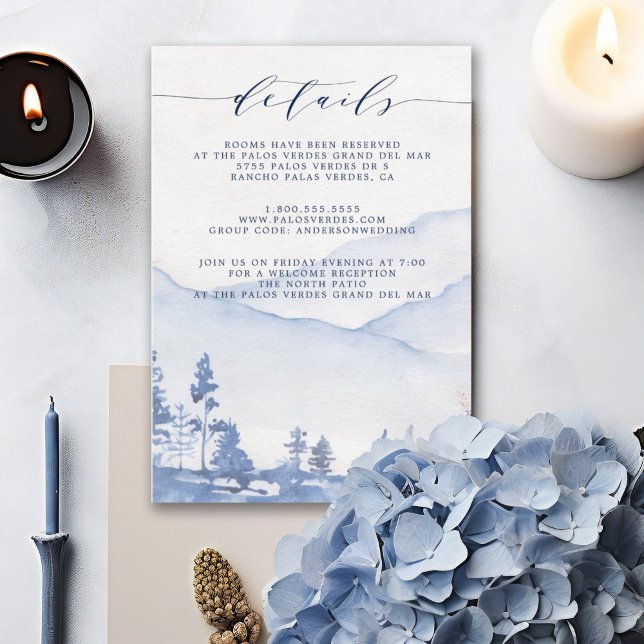 Mountain Rustic Blue Watercolor Wedding Details Begleitkarte (Rustic mountain wedding with our charming Blue Watercolor Wedding Details Enclosure Card.)