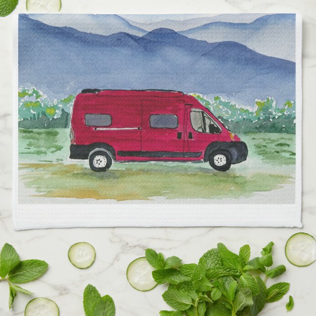Mountain Scene Van Life Kitchen Handtuch Red Van (Gefaltet)
