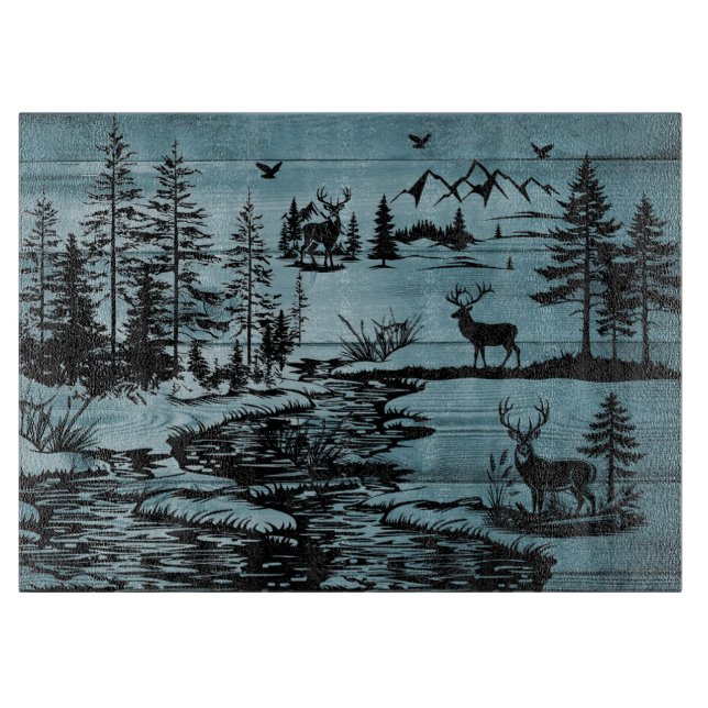 Mountain Serenity Forest and Deer Glass  Schneidebrett (Vorderseite)
