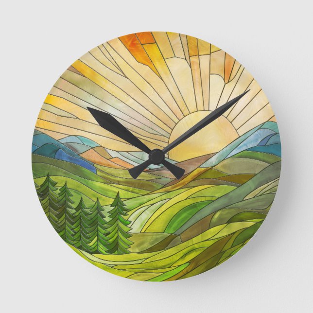 Mountain Sunrise Mosaik Digitale Kunst Runde Wanduhr (Vorderseite)