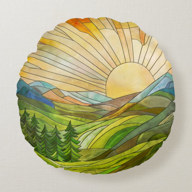 Mountain Sunrise Mosaik Digitale Kunst Rundes Kissen (Vorderseite)