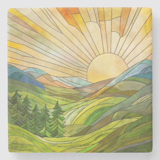 Mountain Sunrise Mosaik Digitale Kunst Steinuntersetzer (Vorderseite)