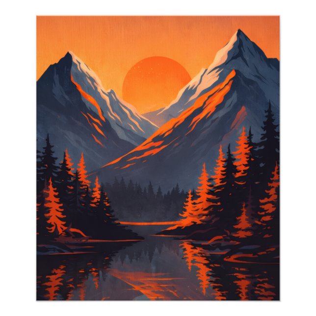 Mountain Sunset Reflection Fiery Orange Sky  Fotodruck (Vorne)