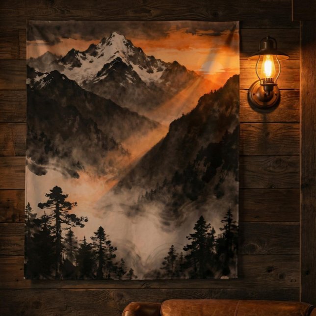Mountain Sunset Tapestry | Golden Light Ink Art  Wandteppich (Von Creator hochgeladen)
