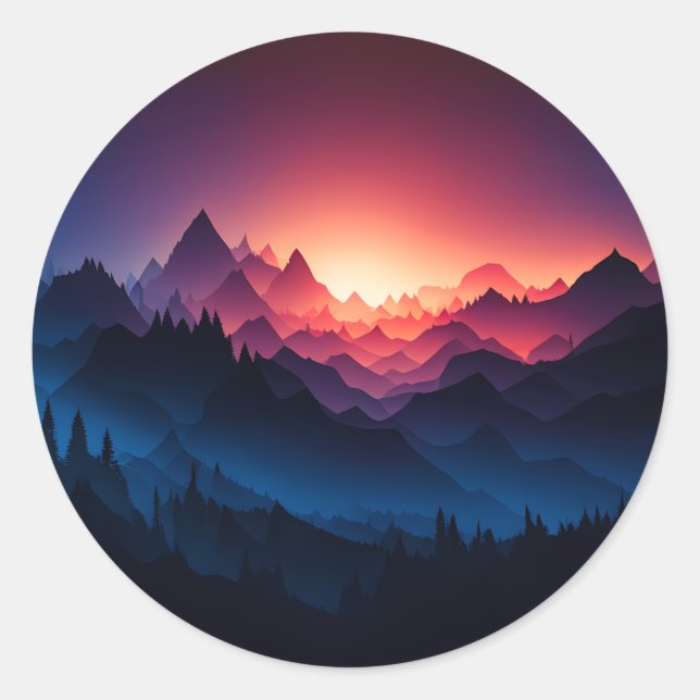 Mountain Sunset Vector Art Runder Aufkleber (Vorderseite)