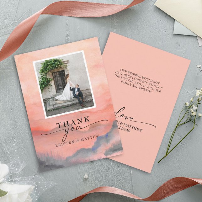 Mountain Sunset Wasserfarbe Rustikales Hochzeitsse Dankeskarte (This elegant mountain sunset watercolor rustic wedding photo thank you card is elegant.
)