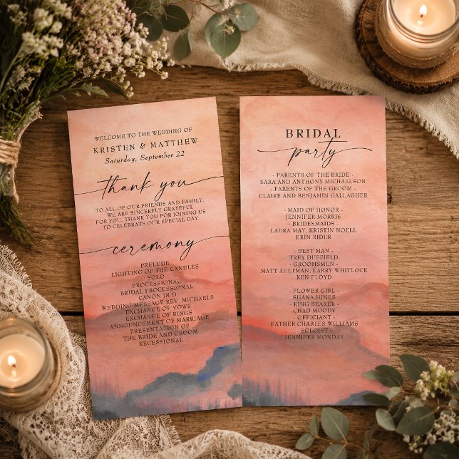 Mountain Sunset Watercolor Hochzeit rustikal (Welcome your guests and share the details of your service with this beautiful mountain program.)