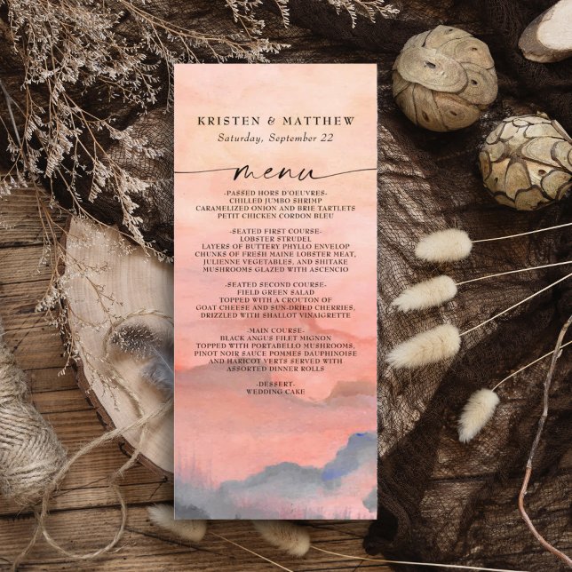Mountain Sunset Watercolor Hochzeit rustikal Menükarte (Elegant sunset mountain watercolor wedding menu for a barn, mountain, woodland, or fall wedding. )